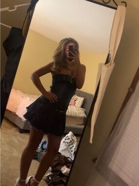 Denim Strapless Belted Mini Dress